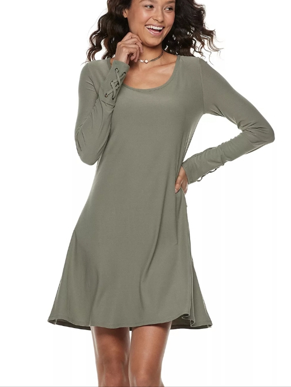 Mudd Olive Green Long Sleeve with Lace-Up Cuff Detail Scoop Neck Mini Dress L